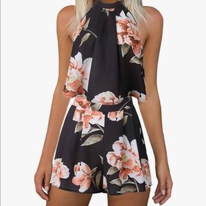 Floral High-Neck Black Romper with Peach Blooms